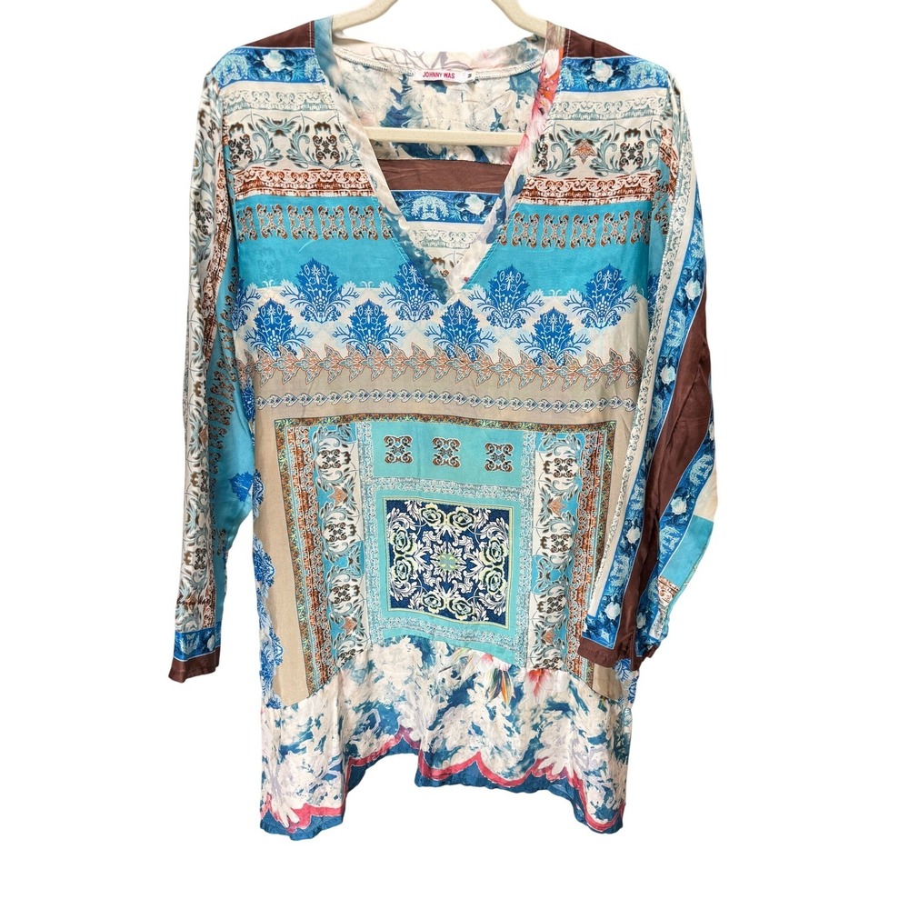 Johnny Was Top Women M Blue Silk Mixed Print Chapman Tunic Coastal Resortwear